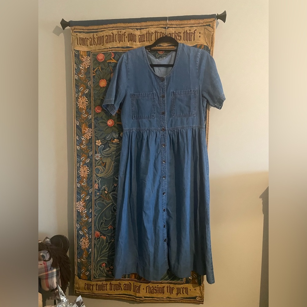 Vintage Blue Midi Button-Front Denim Dress